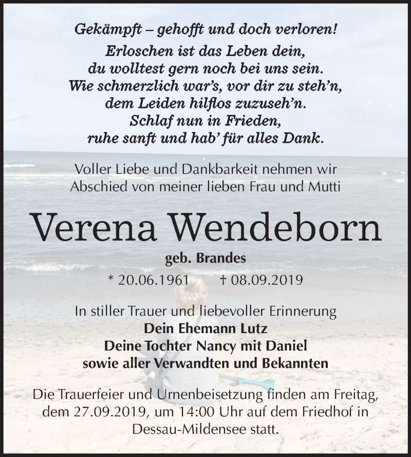  Traueranzeige für Verena Wendeborn vom 21.09.2019 aus Super Sonntag Dessau-Roßlau