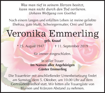 Traueranzeige von Veronika Emmerling von Mitteldeutsche Zeitung Halle/Saalkreis