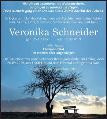Traueranzeige von Veronika Schneider von Wochenspiegel Merseburg/Querfurt