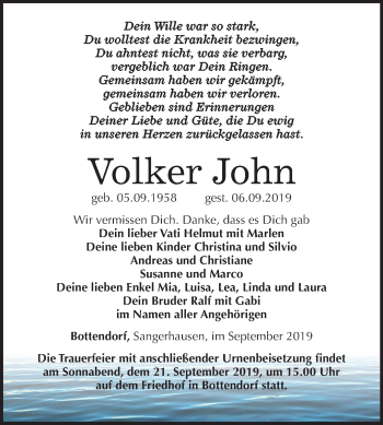 Traueranzeige von Volker John von Mitteldeutsche Zeitung Sangerhausen