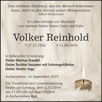 Traueranzeige von Volker Reinhold von Mitteldeutsche Zeitung Aschersleben