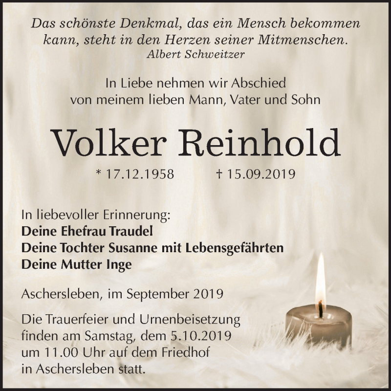  Traueranzeige für Volker Reinhold vom 21.09.2019 aus Super Sonntag Aschersleben