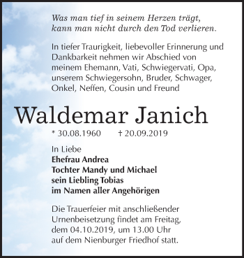 Traueranzeige von Waldemar Janich von Mitteldeutsche Zeitung Bernburg