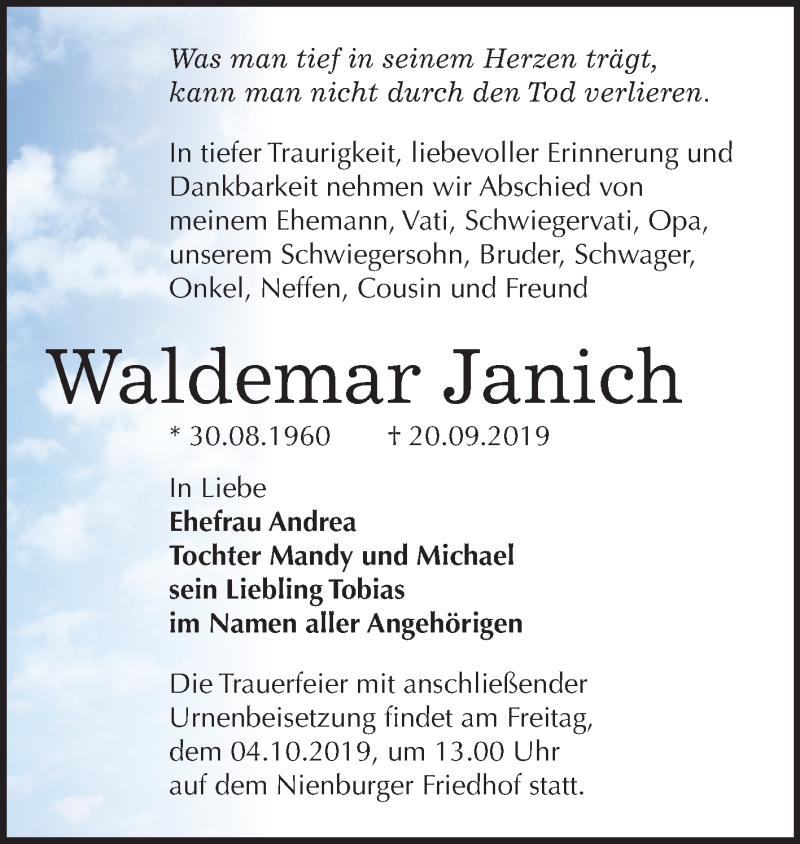  Traueranzeige für Waldemar Janich vom 28.09.2019 aus Super Sonntag Bernburg