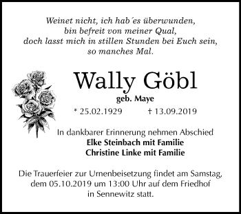 Traueranzeige von Wally Göbl von Mitteldeutsche Zeitung Halle/Saalkreis