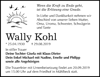 Traueranzeige von Wally Kohl von Mitteldeutsche Zeitung Bitterfeld