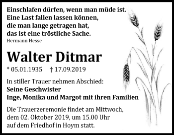 Traueranzeige von Walter Ditmar von Mitteldeutsche Zeitung Aschersleben