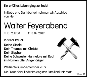 Traueranzeige von Walter Feyerabend von Mitteldeutsche Zeitung Weißenfels