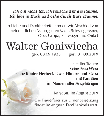 Traueranzeige von Walter Goniwiecha von Wochenspiegel Naumburg/Nebra