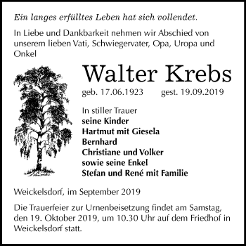 Traueranzeige von Walter Krebs von Super Sonntag Zeitz