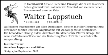 Traueranzeige von Walter Lappstuch von Mitteldeutsche Zeitung Merseburg/Querfurt