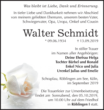 Traueranzeige von Walter Schmidt von Super Sonntag Merseburg/Querfurt / Mansfelder Land