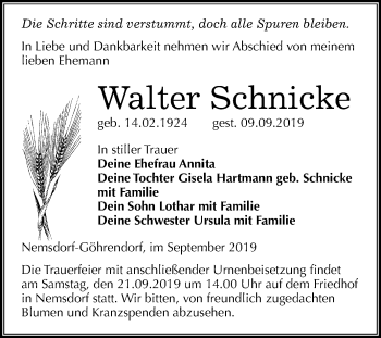 Traueranzeige von Walter Schnicke von Wochenspiegel Merseburg/Querfurt