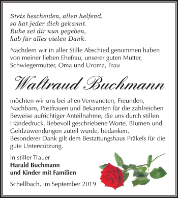 Traueranzeige von Waltraud Buchmann von Super Sonntag Zeitz