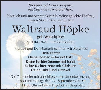 Traueranzeige von Waltraud Höpke von Mitteldeutsche Zeitung Wittenberg