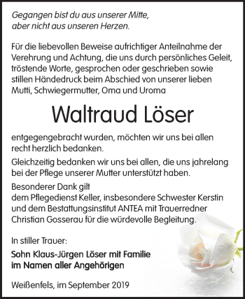 Traueranzeige von Waltraud Löser von Mitteldeutsche Zeitung Weißenfels