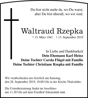 Traueranzeige von Waltraud Rzepka von Mitteldeutsche Zeitung Merseburg/Querfurt