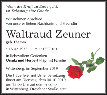 Traueranzeige von Waltraud Zeuner von Mitteldeutsche Zeitung Wittenberg