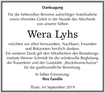 Traueranzeige von Wera Lyhs von Mitteldeutsche Zeitung Quedlinburg