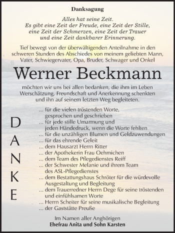 Traueranzeige von Werner Beckmann von Wochenspiegel Bitterfeld