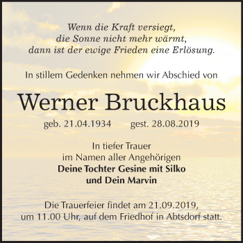 Traueranzeige von Werner Bruckhaus von Super Sonntag Wittenberg