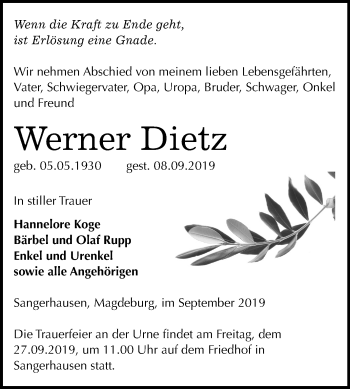 Traueranzeige von Werner Dietz von Mitteldeutsche Zeitung Sangerhausen