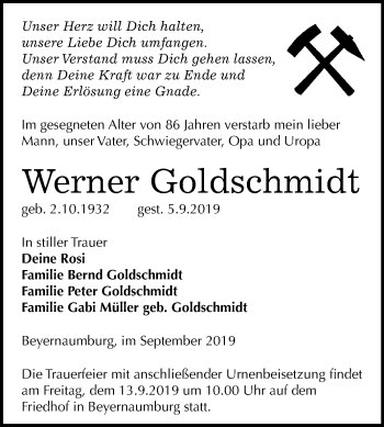 Traueranzeige von Werner Goldschmidt von Mitteldeutsche Zeitung Sangerhausen
