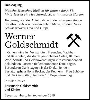 Traueranzeige von Werner Goldschmidt von Mitteldeutsche Zeitung Sangerhausen