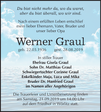 Traueranzeige von Werner Graul von Super Sonntag Wittenberg