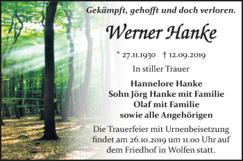 Traueranzeige von Werner Hanke von Mitteldeutsche Zeitung Bitterfeld