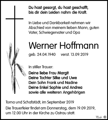 Traueranzeige von Werner Hoffmann von Wochenspiegel Zeitz