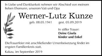 Traueranzeige von Werner-Lutz Kunze von Mitteldeutsche Zeitung Wittenberg