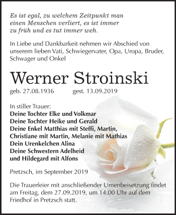 Traueranzeige von Werner Stroinski von Mitteldeutsche Zeitung Wittenberg