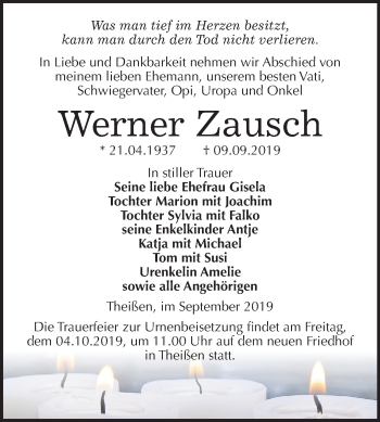 Traueranzeige von Werner Zausch von Mitteldeutsche Zeitung Weißenfels