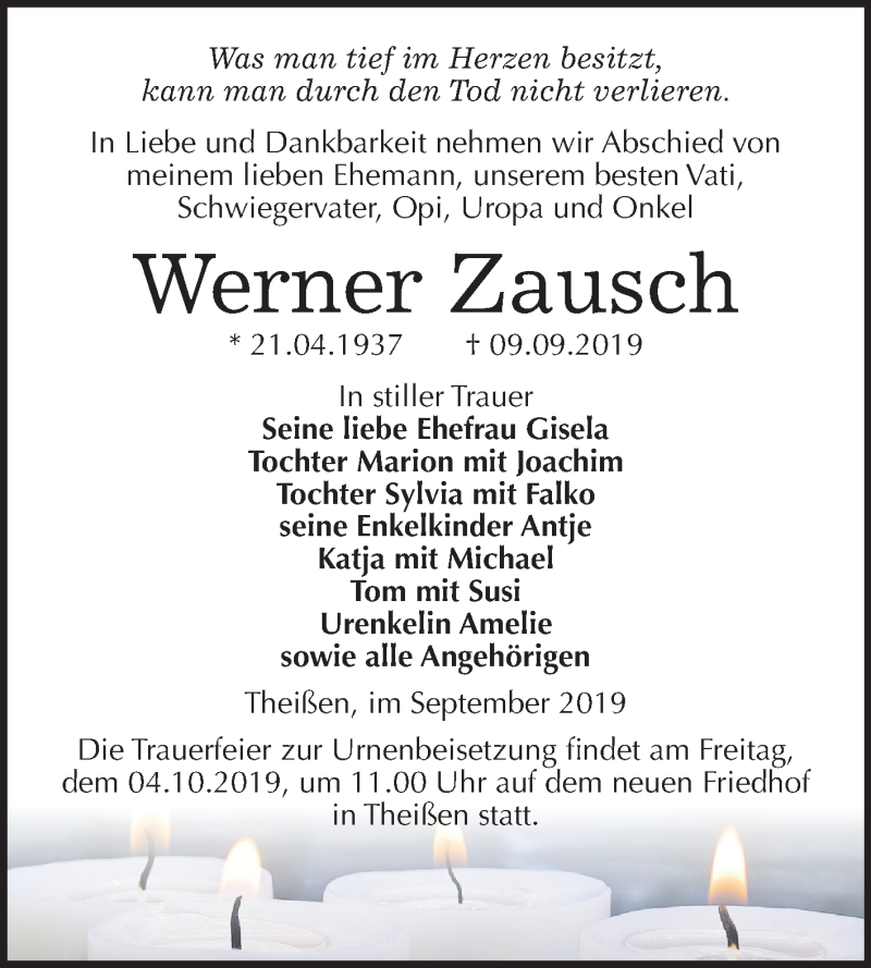  Traueranzeige für Werner Zausch vom 14.09.2019 aus Super Sonntag Zeitz