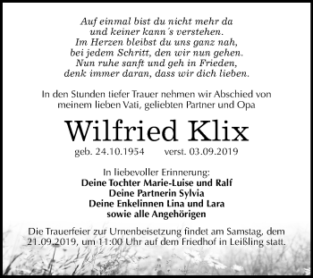 Traueranzeige von Wilfried Klix von Mitteldeutsche Zeitung Weißenfels