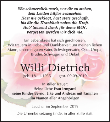 Traueranzeige von Willi Dietrich von Wochenspiegel Naumburg/Nebra