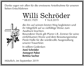 Traueranzeige von Willi Schröder von Mitteldeutsche Zeitung Halle/Saalkreis