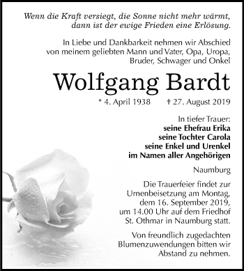 Traueranzeige von Wolfgang Bardt von Wochenspiegel Naumburg/Nebra