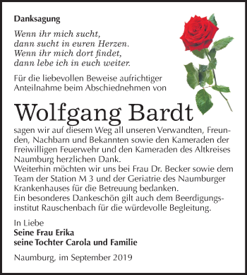 Traueranzeige von Wolfgang Bardt von Wochenspiegel Naumburg/Nebra