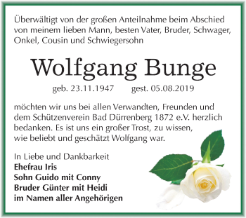 Traueranzeige von Wolfgang Bunge von Super Sonntag Merseburg/Querfurt