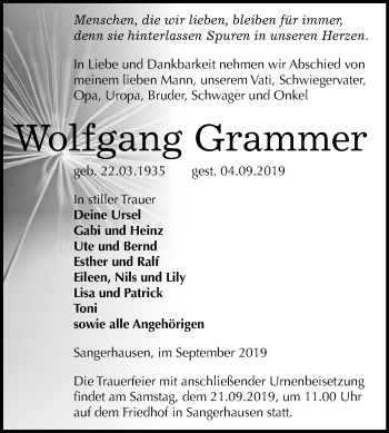 Traueranzeige von Wolfgang Grammer von Mitteldeutsche Zeitung Sangerhausen