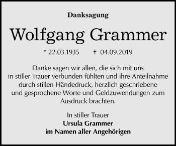 Traueranzeige von Wolfgang Grammer von Super Sonntag Sangerhausen