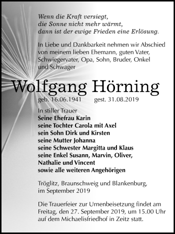 Traueranzeige von Wolfgang Hörning von Super Sonntag Zeitz