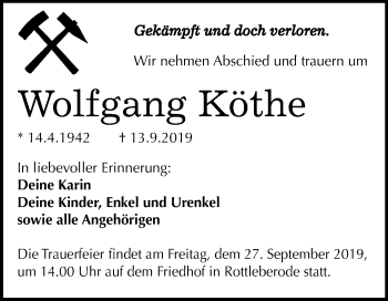 Traueranzeige von Wolfgang Köthe von Mitteldeutsche Zeitung Sangerhausen