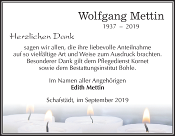 Traueranzeige von Wolfgang Mettin von Super Sonntag Merseburg/Querfurt