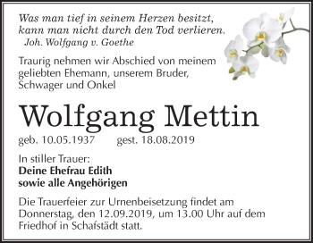 Traueranzeige von Wolfgang Mettin von Mitteldeutsche Zeitung Merseburg/Querfurt