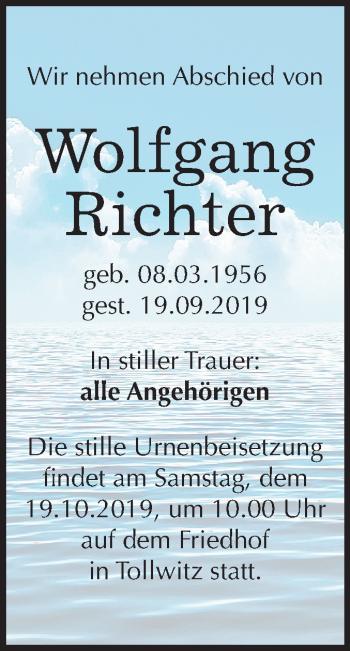 Traueranzeige von Wolfgang Richter von Mitteldeutsche Zeitung Merseburg/Querfurt