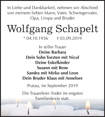 Traueranzeige von Wolfgang Schapelt von Super Sonntag Wittenberg