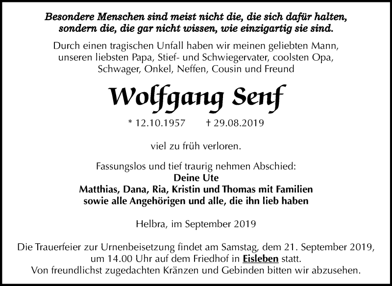  Traueranzeige für Wolfgang Senf vom 11.09.2019 aus Wochenspiegel Mansfelder Land